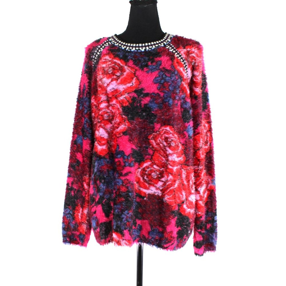 Desigual Fuzzy Multicolor Floral Rose Pattern Sweater XL Super Soft Pullover
